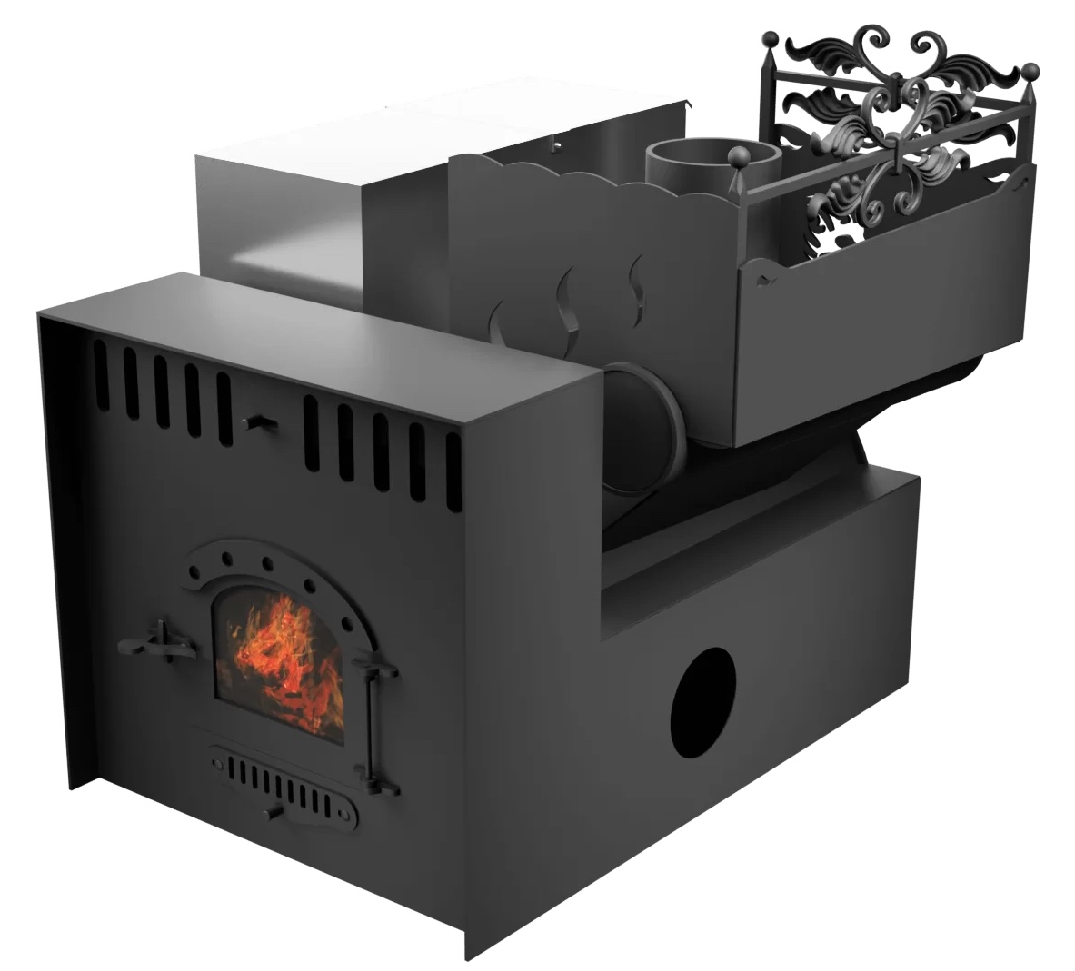 Печь Горыныч 3, каменка с правой стороны, малая дверь со стеклом, система воздушного отопления с порталом фото в Уфе