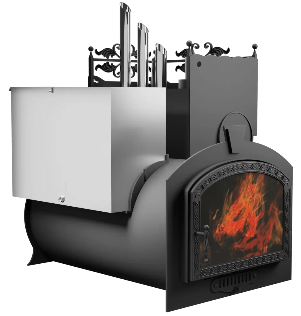 Печь Горыныч 3, каменка закрытая с парогенератором с правой стороны, большая дверь со стеклом фото в Уфе