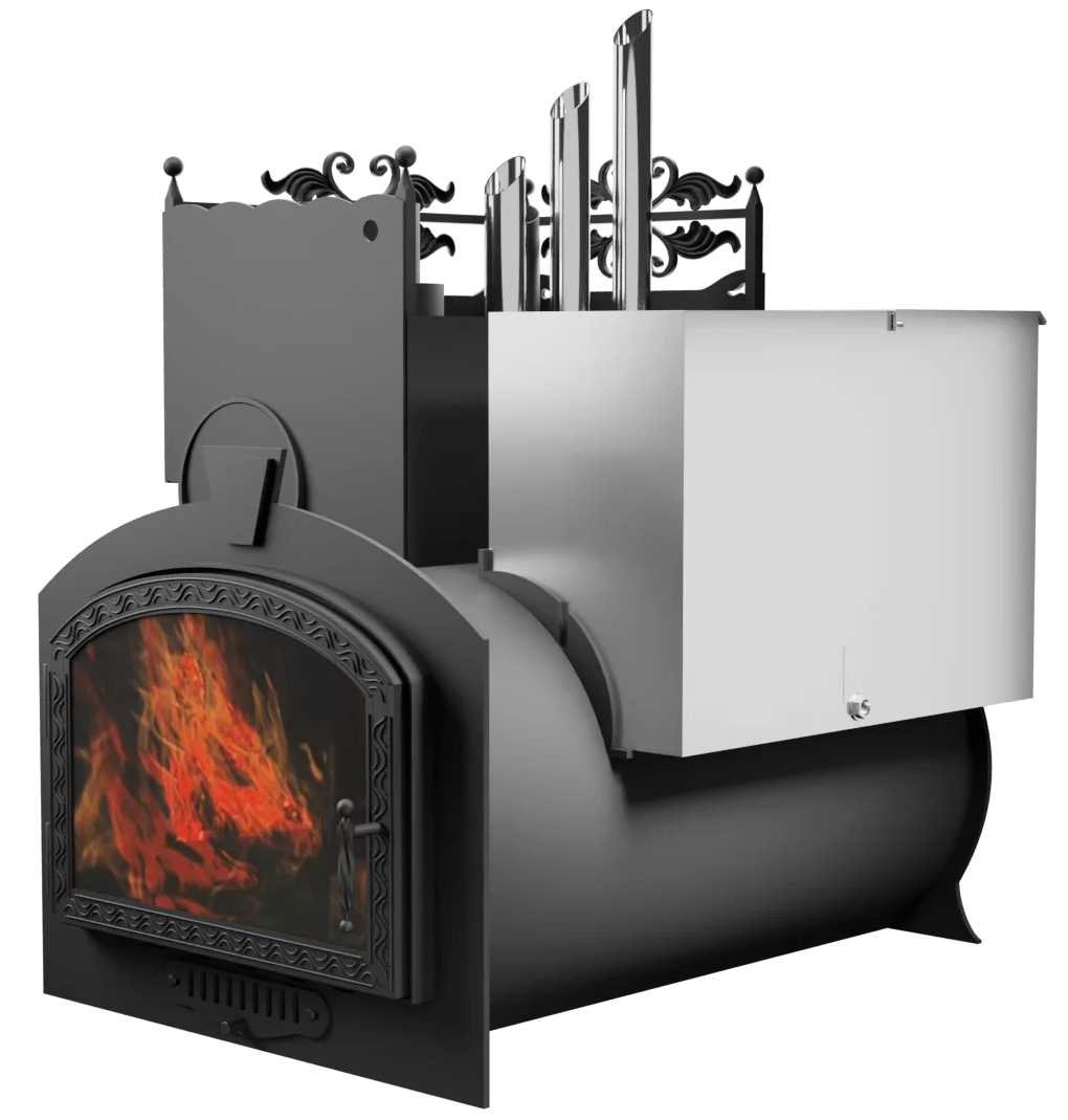 Печь Горыныч 3, каменка закрытая с парогенератором с левой стороны, большая дверь со стеклом фото в Уфе